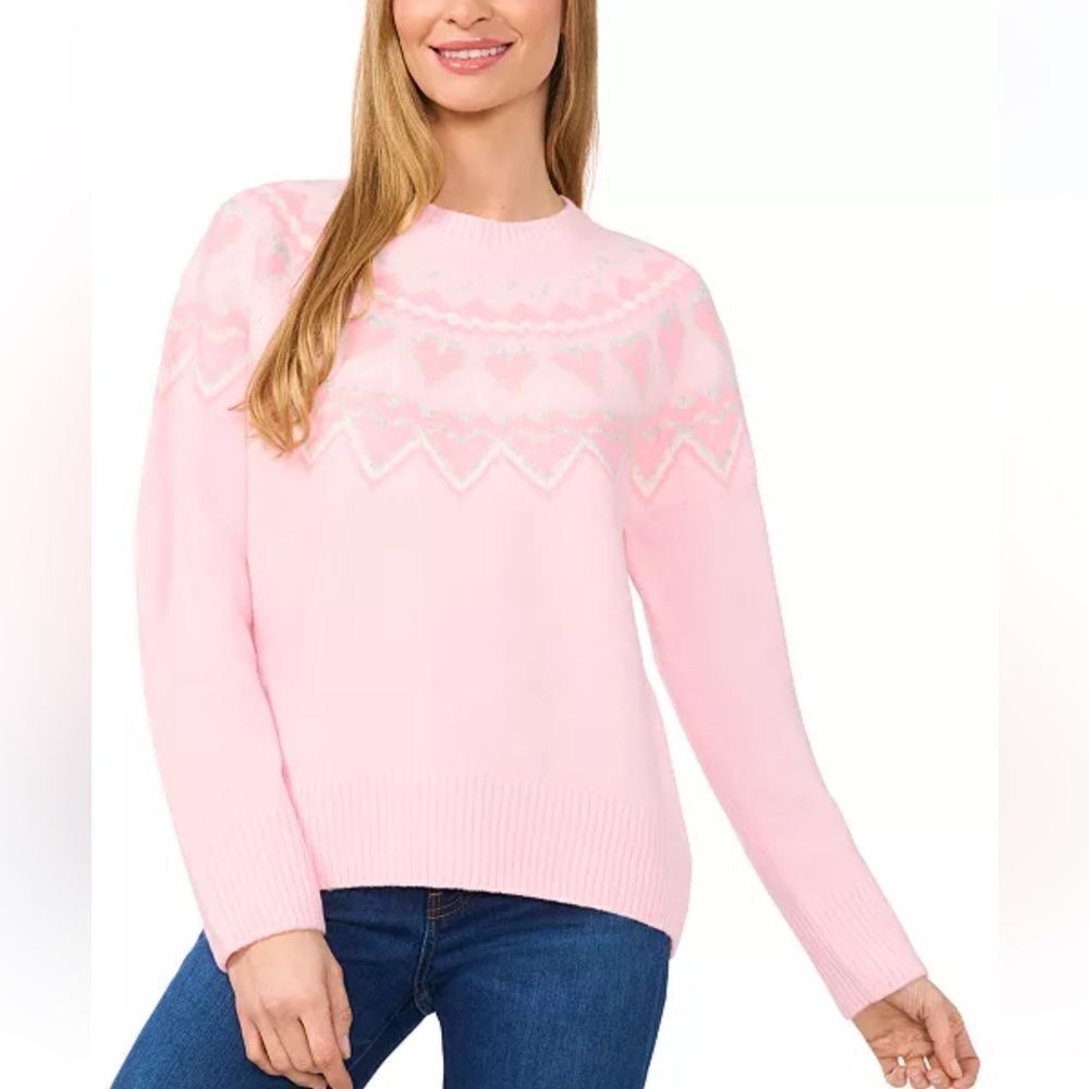 CeCe Mommy & Me Crewneck Fair Isle Pink White Hearts High Low Sweater Gift Set